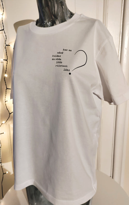 Pluus "kas sa näed kuidas mu süda lööb riietest läbi?“ valge